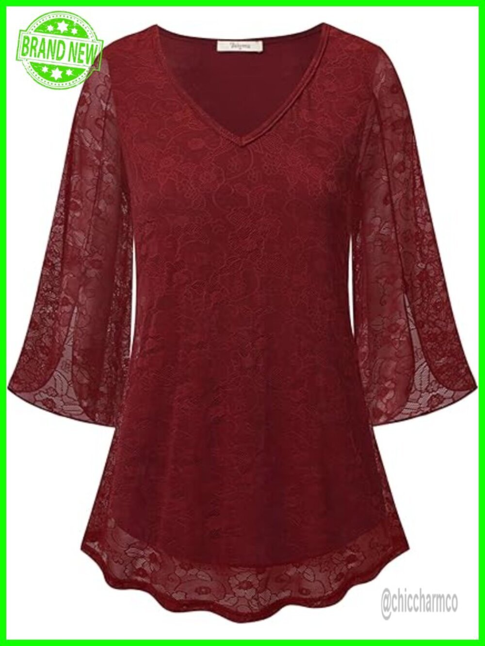 Ruffle 3/4 Sleeve V Neck Double Layers Mesh Blouses Loose Fit Flowy Tunic Top